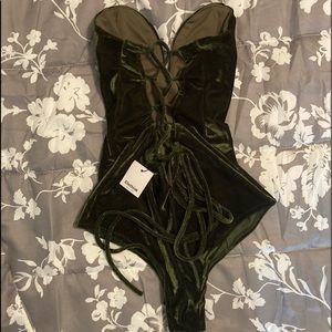 lace up back green velvet bodysuit